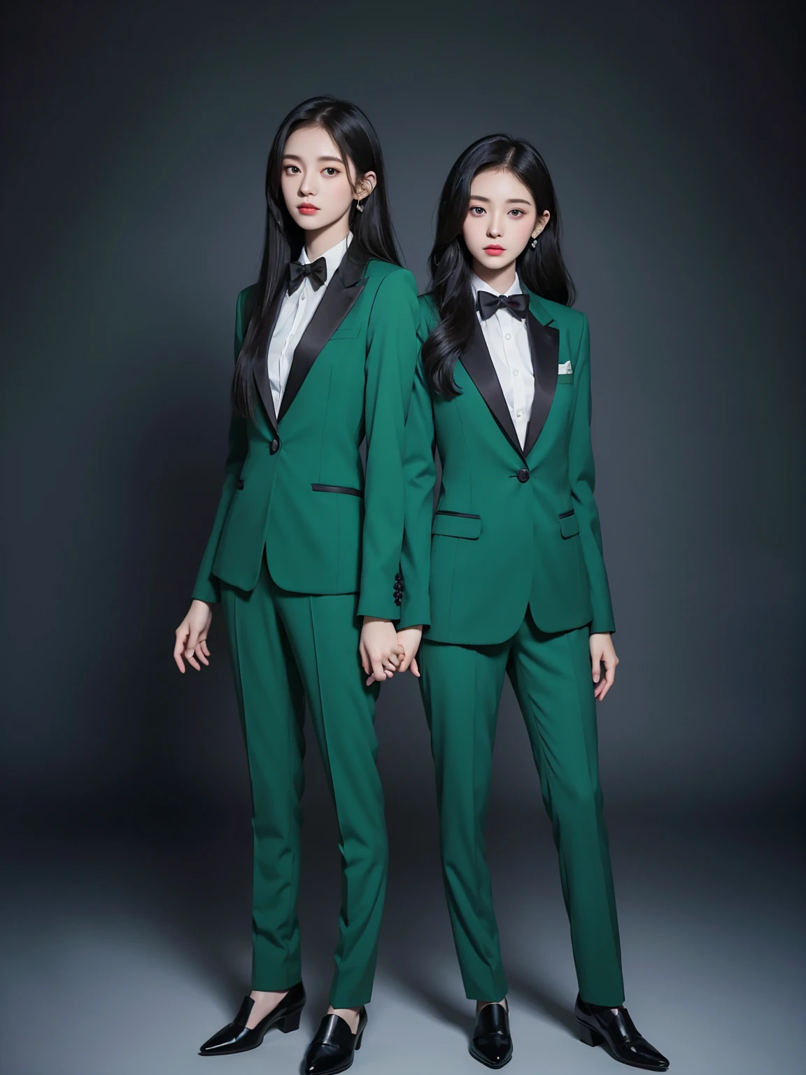 An anime girl in a green suit and a black bow is standing in front of the girl, a delicate androgynous prince, Inspired by Ma Yuanyu, beautiful androgynous prince, Inspired by Sima Jeong, Bowwater(Bowater)In the art style of, Anya from Spy x Family, elegant digital art, wearing a strict business suit, girl in a suit !!full body portrait!!, Rei Hino as a princess, anime princess, Animation Key Visual Elegant, mother and daughter,