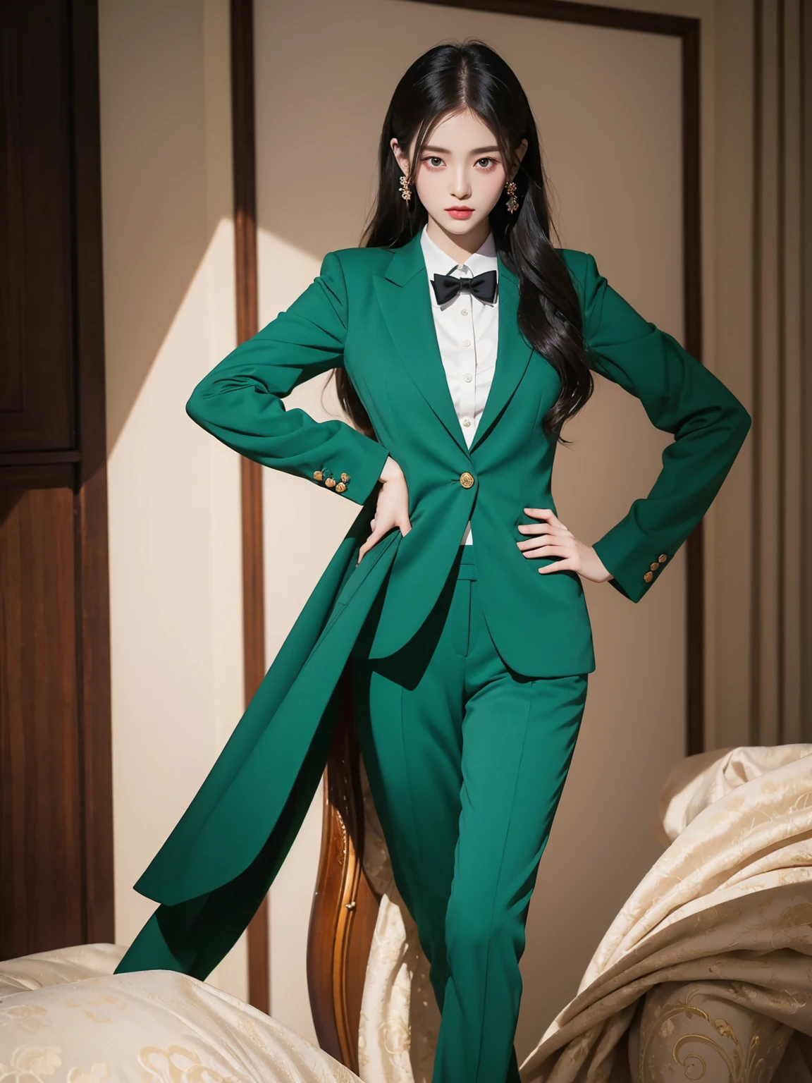 An anime girl in a green suit and a black bow is standing in front of the girl, a delicate androgynous prince, Inspired by Ma Yuanyu, beautiful androgynous prince, Inspired by Sima Jeong, Bowwater(Bowater)In the art style of, Anya from Spy x Family, elegant digital art, wearing a strict business suit, girl in a suit !!full body portrait!!, Rei Hino as a princess, anime princess, Animation Key Visual Elegant, mother and daughter,