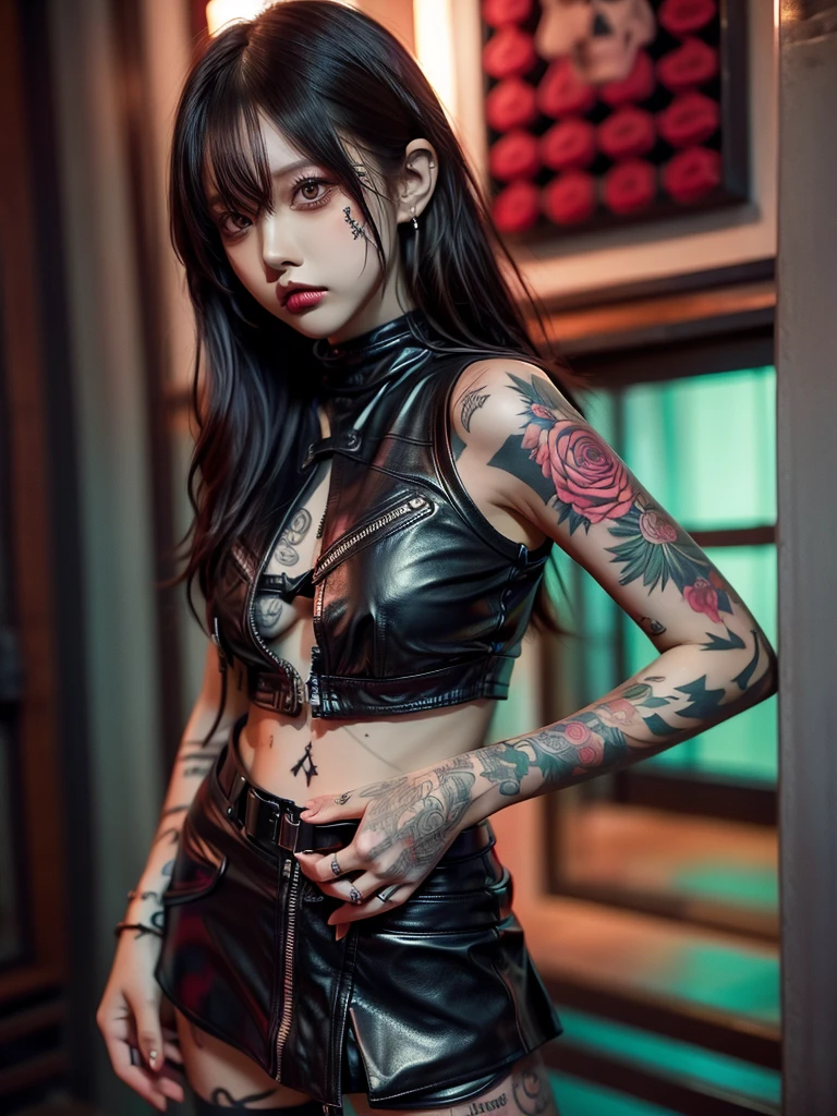 Tattoo Girl, Skull and rose tattoo 1.2、so beautiful, Murderous, good looking, betrayal, anger, Dark Background, 8k, Dynamic Wallpapers, Very delicate, Very dark full body shot、Leather tight mini skirt 1.5,