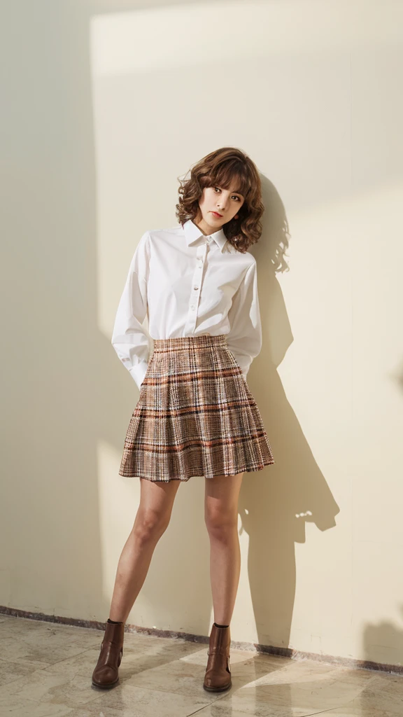 fullbody portrait,wearing white shirts,mini checked skirt,posing, Brown curly hair