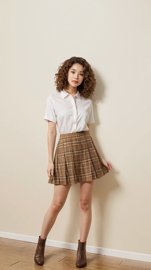 fullbody portrait,wearing white shirts,mini checked skirt,posing, Brown curly hair
