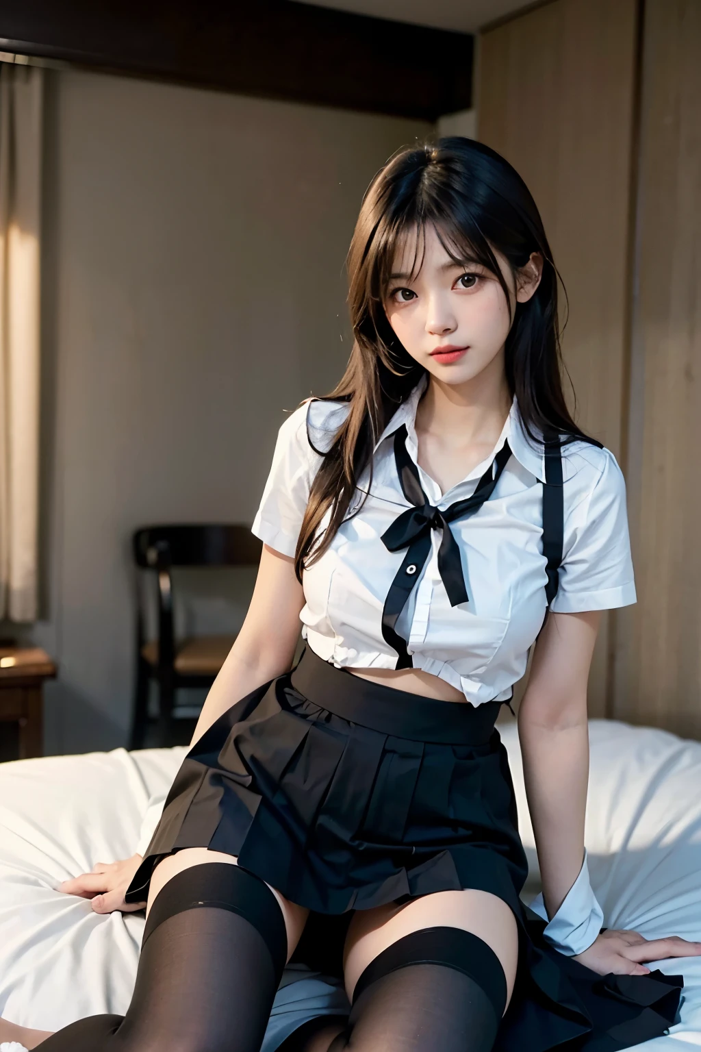 (masterpiece:1.3), (8k, Photorealistic, Raw photo, Best image quality: 1.4), Amazingly cute face、Wearing a Japanese uniform, Wearing ultra-realistic pantyhose、Japanese girls uniform, A young and cute gravure idol, Photos taken in 2020, clothing , wear , wear a strict business suit, Young and skinny gravure idol, Seifuku、Full-length and black stockings, Pantyhose tights, Full legs, 19-year-old girl, Posing in the bedroom, Nylon tights, Leg and thigh shots, Posing in bed, ストッキングをwear