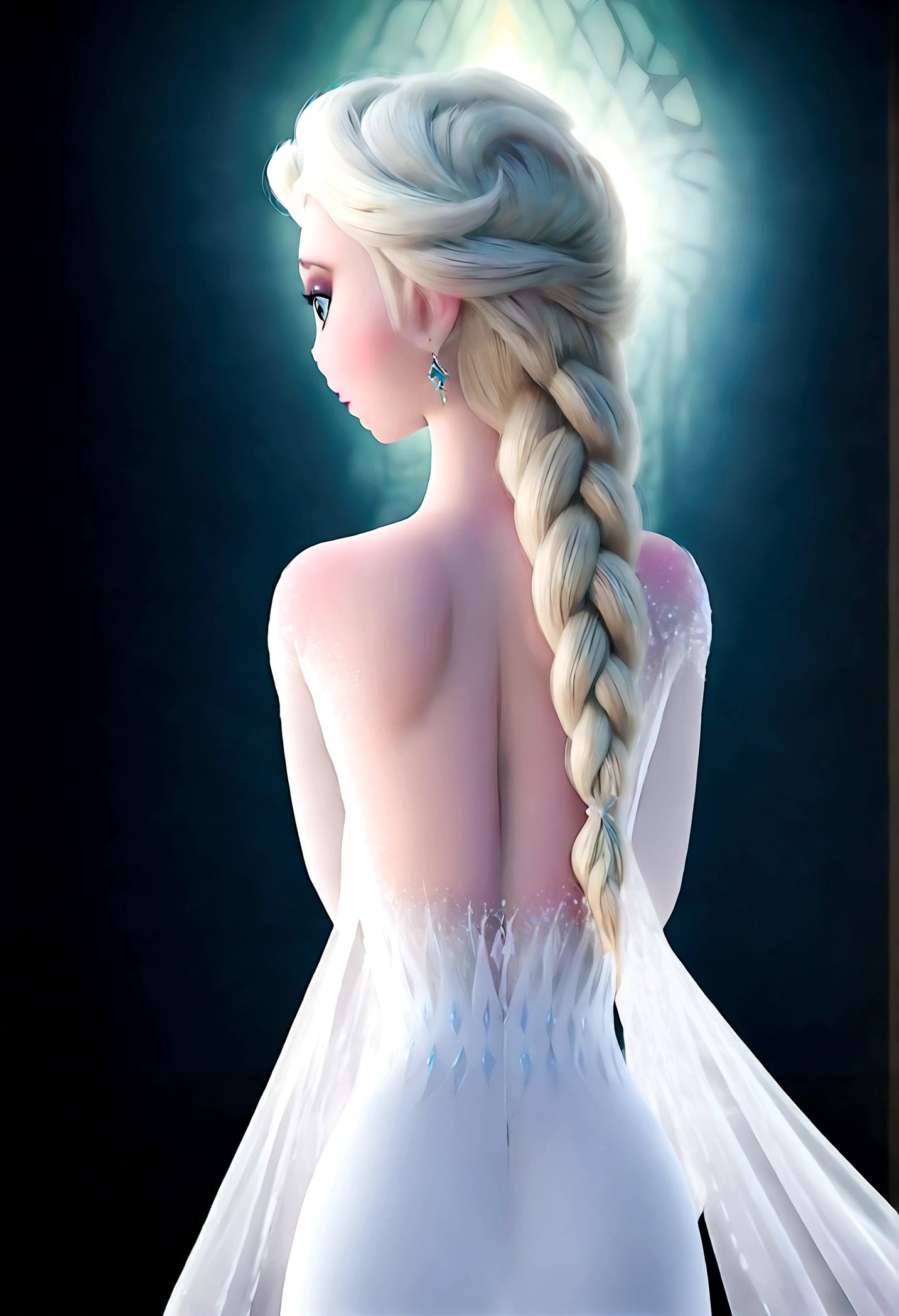 1girl, elsa \(frozen\) in the corridor of the library, (toplesss), (single braid), smooth hair, Long earrings, Elsa's White Dress, upper body, long hair, worm light, solo, (braid over shoulder:0.7), shy, (blush:0.4), detailed skin, (Back View, from behind:1.4), looking back over shoulder, Arabian palace background, Frozen_elsa_textV1-PonyXL, anime screenshot, source_anime, dramatic composition, cinematic dynamic action scene, vibrant colors, cinematic lighting, dramatic lighting, best quality, masterpiece, very aesthetic, perfect composition, intricate details, ultra-detailed