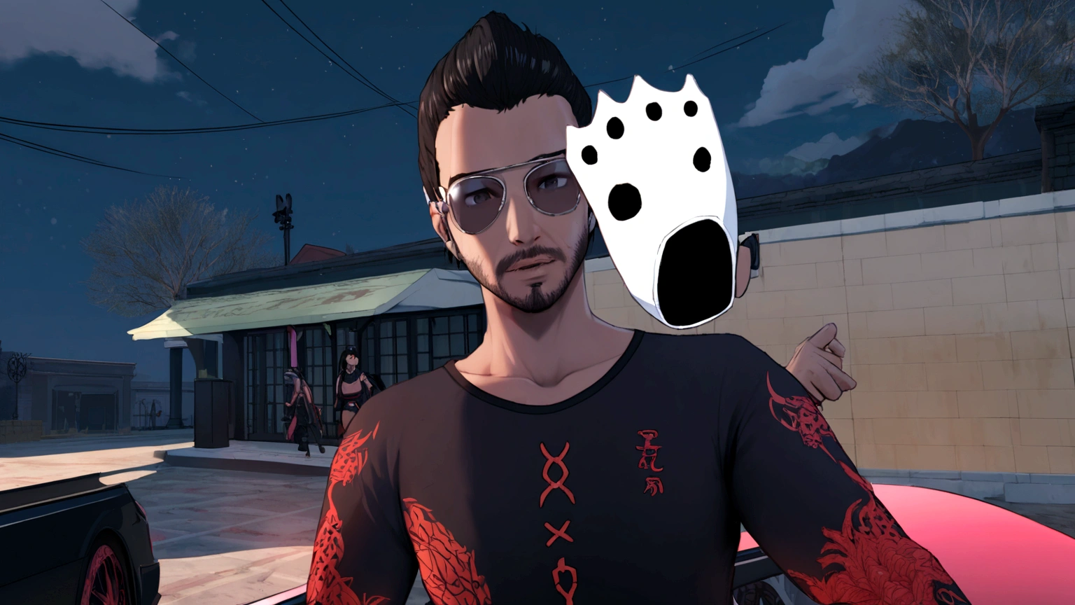 a black-haired anime man wearing aviator glasses, highly detailed, cinematic lighting, dramatic pose, 8k, stunning, masterpiece, black background, red wine