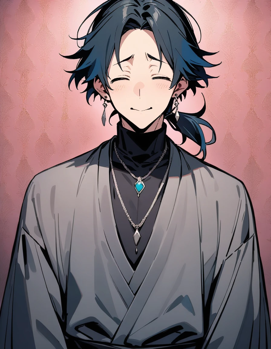 ((((best masterpiece, best quality, wallpaper,)))) solo, 1male, 30 years old, handsome man, medium long shot, view straight on, looking at viewers, beautiful detailed, longuette,mediumturquoise hair, Lower short ponytail, asymmetrical bangs, ((((closed eyes, ^o^, tareme, droopy eyes,)))) sharp nose, seductive smile, clear face, black turtleneck, grey cardigan, (silver earrings, silver necklace,) leggings, Clothes, lighting back, backlighting, pink background color,
Waiting to start