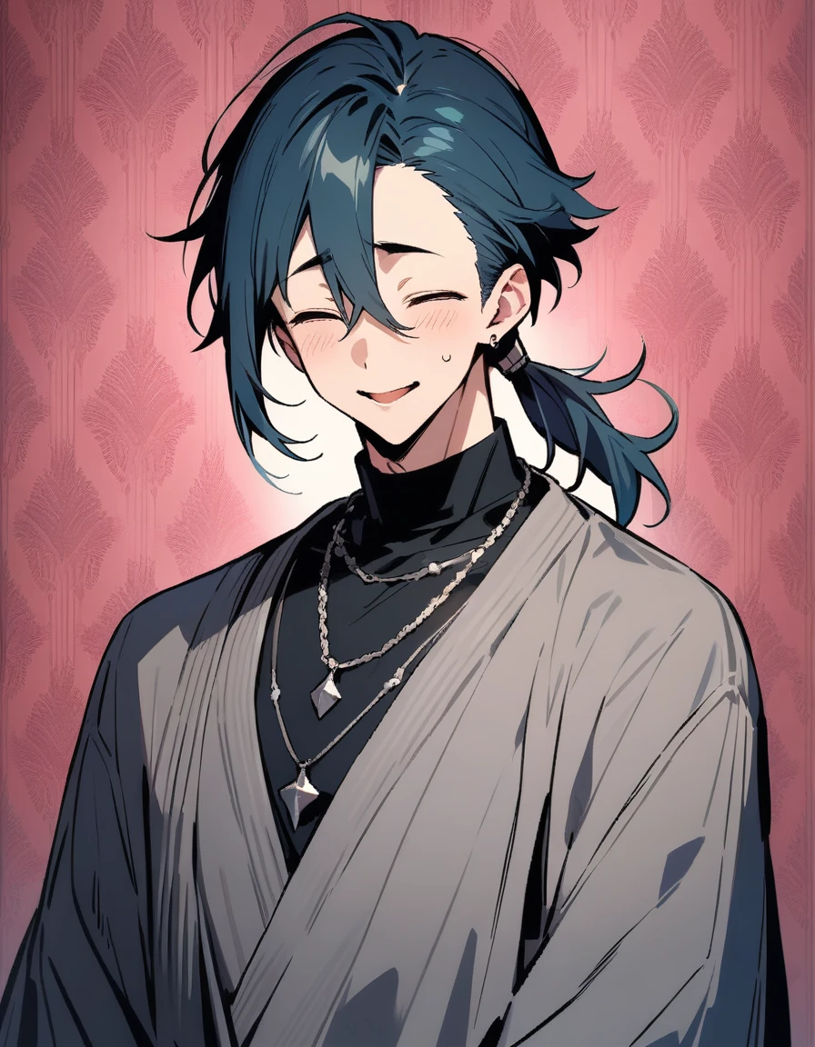 ((((best masterpiece, best quality, wallpaper,)))) solo, 1male, 30 years old, handsome man, medium long shot, view straight on, looking at viewers, beautiful detailed, longuette,mediumturquoise hair, Lower short ponytail, asymmetrical bangs, ((((closed eyes, ^o^, tareme, droopy eyes,)))) sharp nose, seductive smile, clear face, black turtleneck, grey cardigan, (silver earrings, silver necklace,) leggings, Clothes, lighting back, backlighting, pink background color,
Waiting to start
