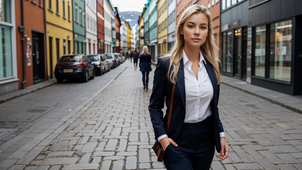 Beautiful blonde woman walking on the streets of Norway, well dressed, going to a job interview, realistic image
