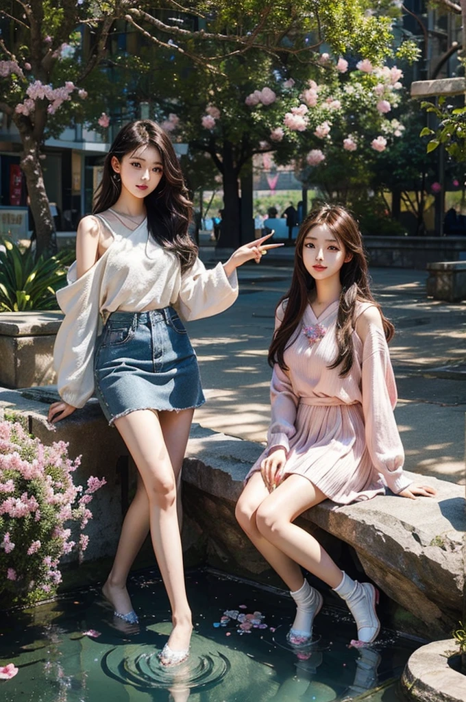 /I cute pretty beautiful gorgeous Korean female college students, crystal tree with crystal leaves and crystal branches, colourful reflections, photo realistic, --ar 9:16 --style raw