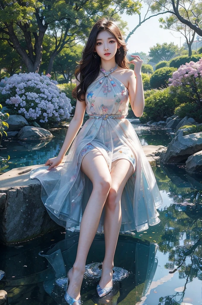 /I cute pretty beautiful gorgeous Korean female college students, crystal tree with crystal leaves and crystal branches, colourful reflections, photo realistic, --ar 9:16 --style raw