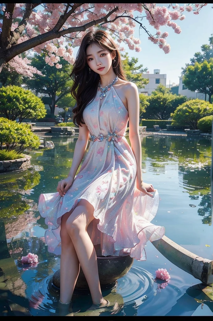 /I cute pretty beautiful gorgeous Korean female college students, crystal tree with crystal leaves and crystal branches, colourful reflections, photo realistic, --ar 9:16 --style raw