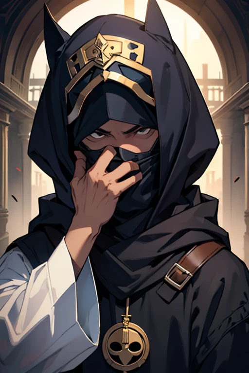 man with a mask that hides his full face in the middle of the mask a symbol that means sacrifice, sua roupa negra com um grande capus e capa acenando com raiva