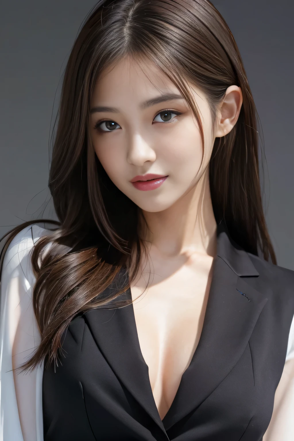 Tabletop, highest quality, Realistic, Very detailed, finely, High resolution, 8k wallpaper, 1. Beautiful Women,, Light brown messy hair, He is wearing a black see-through open-necked shirt.。., Sharp focus, Perfect dynamic composition, Beautiful and detailed, Thin Hair, Detailed Realistic skin texture, smile, Close-up portrait, Model Body Type、mini skirt、High heels、suit