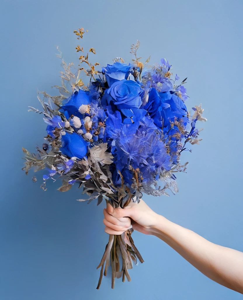 Holding a withered bouquet,Hands and bouquet,blue,withers