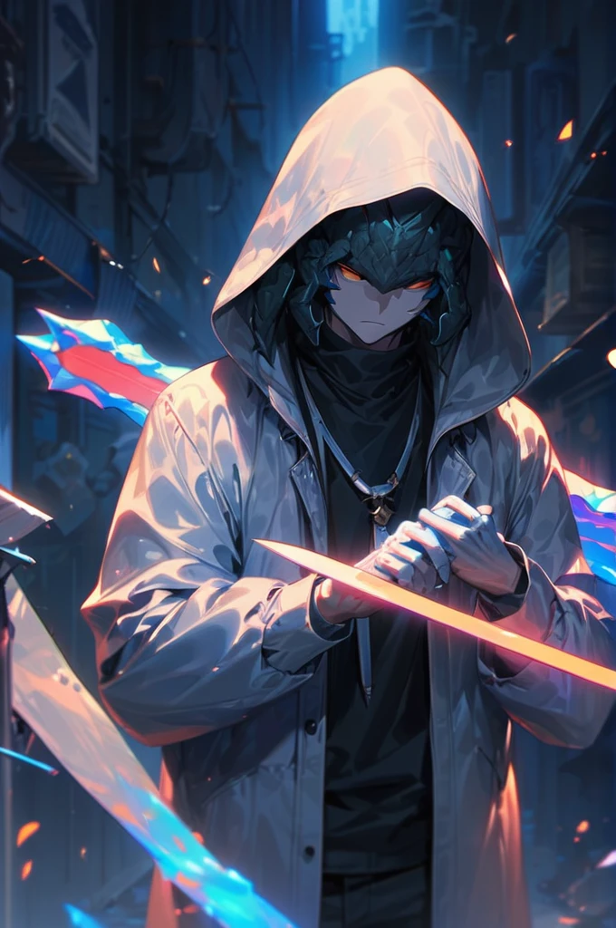 ((Best quality)), ((masterpiece)), (detailed), A guy in a hood with a dragon on his shoulder and a neon sword in his hands
