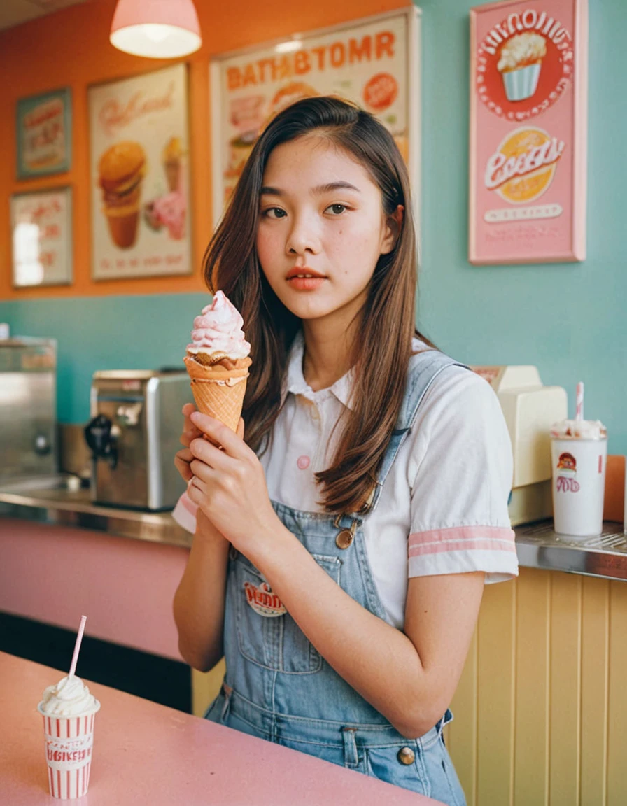 Portrait MagMix Girl looking at the camera,Eating a hamburger、 Long Hair, Overalls, A retro ice cream shop with pastel-colored walls, Classic Soda Fountain Counter, Vintage ice cream poster, bathed in warm sunlight, Analog Film Photography, Kodachrome.