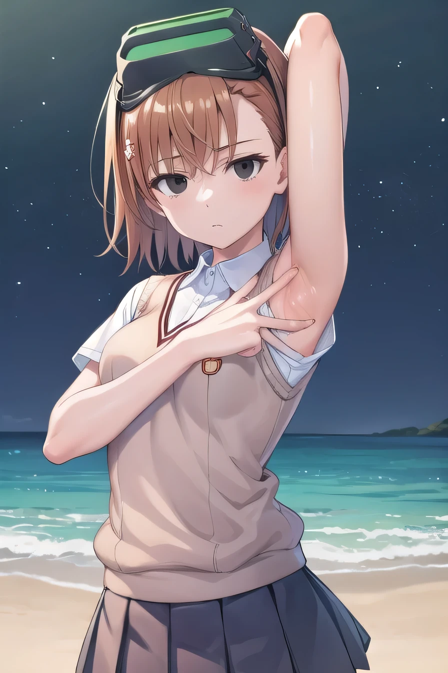 short hair, brown hair, black eyes, empty eyes, goggles, goggles on head, head-mounted display, , sweater vest, shirt, skirt, white shirt, pleated skirt, v-neck, short sleeves, tokiwadai , misaka imouto, solo, night sky, beach, arms behind head, contrapposto, spread armpits, closed mouth, upper body, looking at viewer,