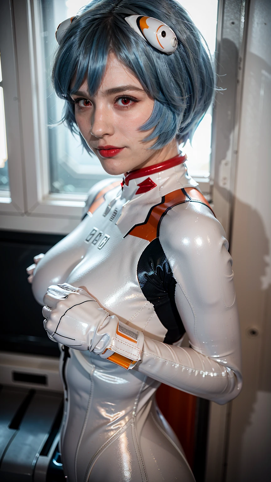 (masterpiece), (best quality), (red eyes), (epiCRealLife), (red lipstick), (j4nu4ryj0n3s) (young woman), (European Model), (Plugsuit), (ayanami_rei plugsuit), interface headset, white bodysuit),(white gloves) (red eyes), (blue hair), (medium breasts),(flash photography), (natural lights), (ample lights),( light smile), (pose for picture), (white gloves), (light smile), (in a spaceship room), (from side), (lying on white modern sofa), (space station interior), (window), (spaceship scene)