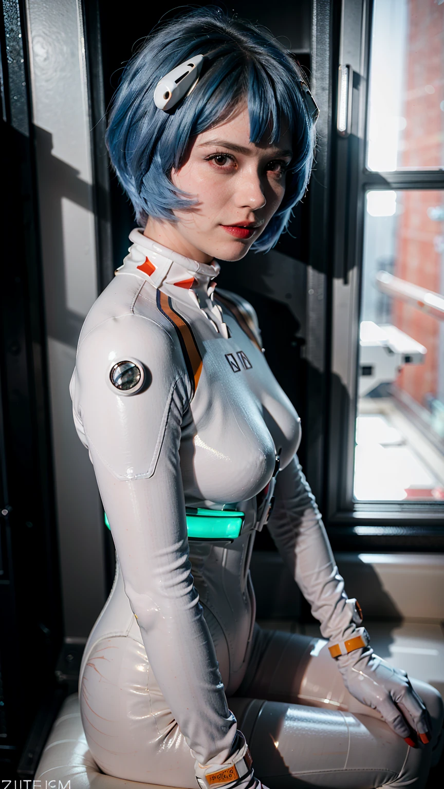 (masterpiece), (best quality), (red eyes), (epiCRealLife), (red lipstick), (j4nu4ryj0n3s) (young woman), (European Model), (Plugsuit), (ayanami_rei plugsuit), interface headset, white bodysuit),(white gloves) (red eyes), (blue hair), (medium breasts),(flash photography), (natural lights), (ample lights),( light smile), (pose for picture), (white gloves), (light smile), (in a spaceship room), (from side), (lying on white modern sofa), (space station interior), (window), (spaceship scene)