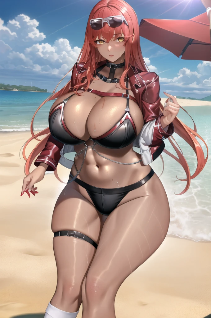 ((masterpiece)), (best quality), (detailed), (1 girl), red hair, lonh hair, sunglasses on head, big breasts, red jacket, ripped bodystocking, black chocker, black bra, chest chains, yellow eyes, black strings, white socks, red shoes, beach, (wet body)