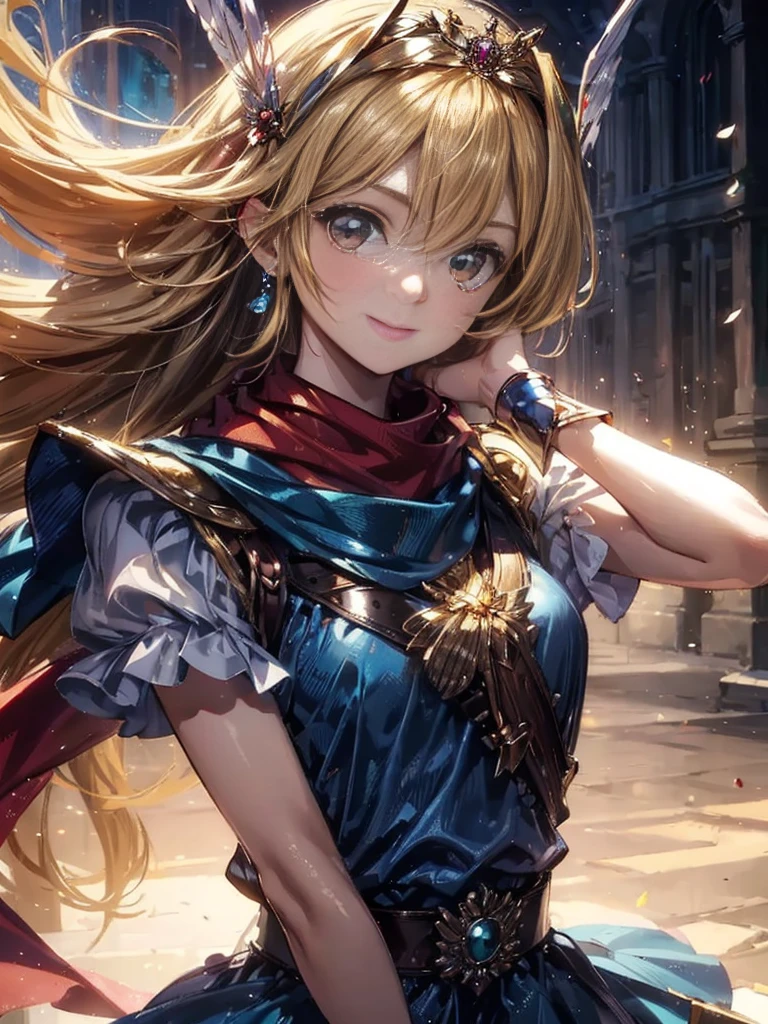 masterpiece、1 beautiful girl、fine eyes、smile,puffy eyes、highest quality, 超High resolution, (reality: 1.4), movie lighting、super beautiful、beautiful skin、body facing forward、Upper body,close up of face,(Ultra-realistic)、(High resolution)、(8k)、(very detailed)、(Beautiful and fine eyes)、(Super detailed)、 (wall-)、detailed face、bright lighting、professional lighting、looking at the viewer、look straight ahead、slanted bangs、perfect cosplay, highest quality,super detailed,1 girl,alone,magical princess,blonde hair,blue clothes,blue skirt,brown eyes,feather hair band,long hair,pauldron,boots,red scarf,tiara,white shoes, flower field background,prepare a bow