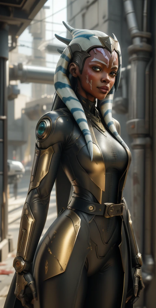 1 girl, solo, (look at viewer), ((Best quality)), ((masterpiece)), (detailed:1.4), ((upper body)), 3D, an image of a beautiful cyberpunk female,HDR (High Dynamic Range), Ray Tracing,NVIDIA RTX,Super-Resolution,Unreal 5,Subsurface scattering,PBR Texturing,Post-processing,Anisotropic Filtering,Depth-of-field,Maximum clarity and sharpness,Multi-layered textures,Albedo and Specular maps,Surface shading,Accurate simulation of light-material interaction,Perfect proportions,Octane Render,Two-tone lighting,Wide aperture,Low ISO,White balance,Rule of thirds,8K RAW, (((blood eyes))), , mechanical parts ahsoka, (dark skin:1.2), blood eyes, , medium breasts, bloodgold/black bodysuit, belt, (( bloodgold amor)) joints, body suit