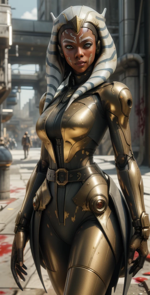 1 girl, solo, (look at viewer), ((Best quality)), ((masterpiece)), (detailed:1.4), ((upper body)), 3D, an image of a beautiful cyberpunk female,HDR (High Dynamic Range), Ray Tracing,NVIDIA RTX,Super-Resolution,Unreal 5,Subsurface scattering,PBR Texturing,Post-processing,Anisotropic Filtering,Depth-of-field,Maximum clarity and sharpness,Multi-layered textures,Albedo and Specular maps,Surface shading,Accurate simulation of light-material interaction,Perfect proportions,Octane Render,Two-tone lighting,Wide aperture,Low ISO,White balance,Rule of thirds,8K RAW, (((blood eyes))), , mechanical parts ahsoka, (dark skin:1.2), blood eyes, , medium breasts, bloodgold/black bodysuit, belt, (( bloodgold amor)) joints, body suit
