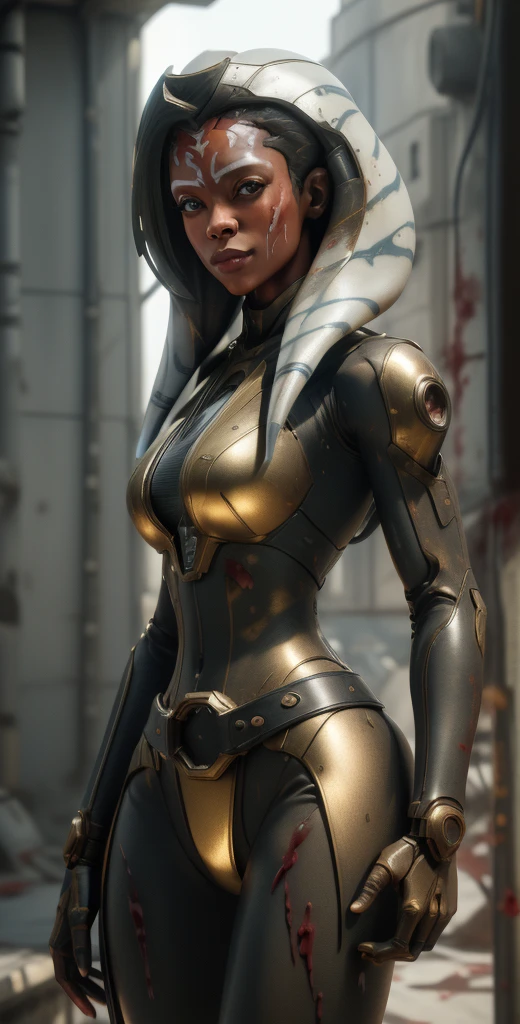 1 girl, solo, (look at viewer), ((Best quality)), ((masterpiece)), (detailed:1.4), ((upper body)), 3D, an image of a beautiful cyberpunk female,HDR (High Dynamic Range), Ray Tracing,NVIDIA RTX,Super-Resolution,Unreal 5,Subsurface scattering,PBR Texturing,Post-processing,Anisotropic Filtering,Depth-of-field,Maximum clarity and sharpness,Multi-layered textures,Albedo and Specular maps,Surface shading,Accurate simulation of light-material interaction,Perfect proportions,Octane Render,Two-tone lighting,Wide aperture,Low ISO,White balance,Rule of thirds,8K RAW, (((blood eyes))), , mechanical parts ahsoka, (dark skin:1.2), blood eyes, , medium breasts, bloodgold/black bodysuit, belt, (( bloodgold amor)) joints, body suit
