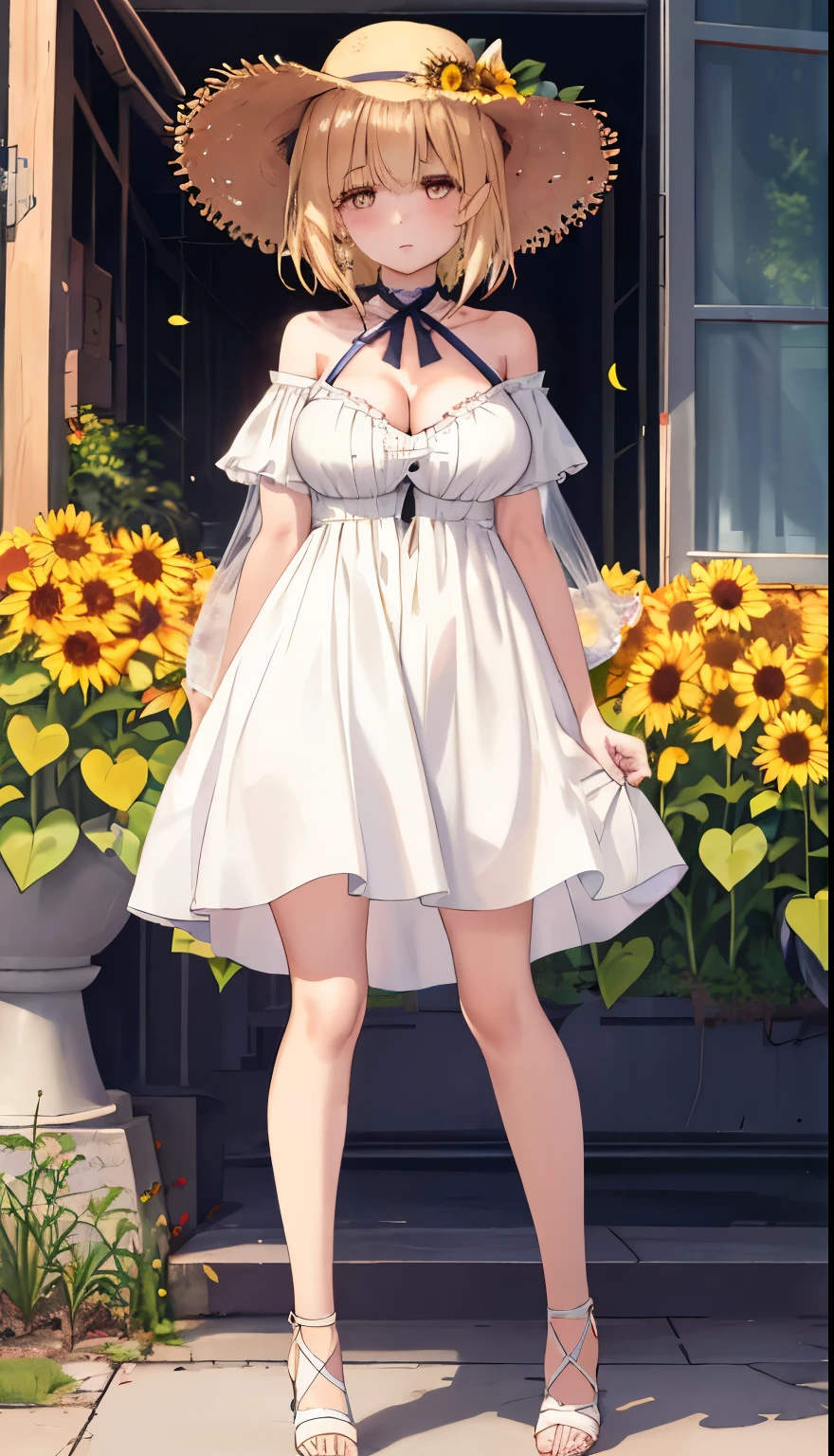 One Girl、Blonde、Shiina Mayu、positive、Standing posture、Full body portrait、Medium Haircut、blush、Absolute area、No panties、No bra、barefoot、White dress、Off-the-shoulder dress、(Very large breasts)、Cleavage、((Lesbians around the world))、masterpiece、(highest quality)、barefoot、((White high heels))、Bare your breasts、sunflower、Outdoor、Very short skirt、Thighs、Straw hat、((Exposing the breasts))、((Bare your breasts))、((Showing nipples))