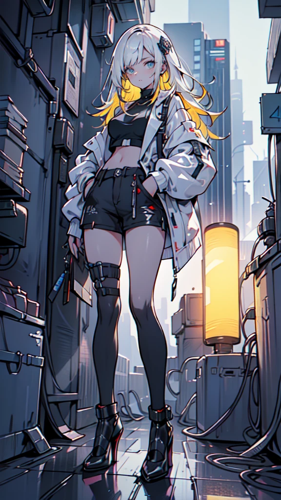 1 girl, long Yellow hair , cyberpunk, blue eyes, high heels, hand in pocket, best quality, 4k, 8k, highres, masterpiece:1.2, ultra-detailed, realistic, photorealistic, photo-realistic:1.37, HDR, UHD, studio lighting, ultra-fine painting, sharp focus, physically-based rendering, extreme detail description, professional, vivid colors, bokeh, cyberpunk, science fiction, neon lights, dark atmosphere, dramatic lighting