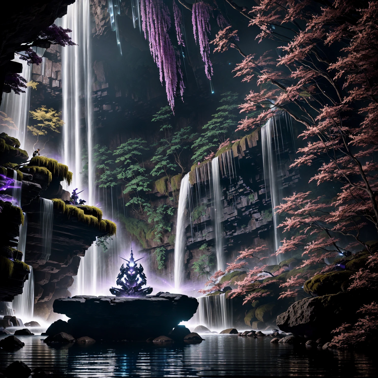 a mecha samurai with purple purple eyes meditating in a cave that is behind this waterfall, ethereal and mecha theme, black octane rendering, aesthetic mecha, realistic mecha aesthetic, Incredibly detailed octane rendering, black mecha, 8k octane rendered, , the environment is dark but well lit, the character displays many details in addition to his hands making signs of meditation, in the background he is meditating in a cave behind a waterfall