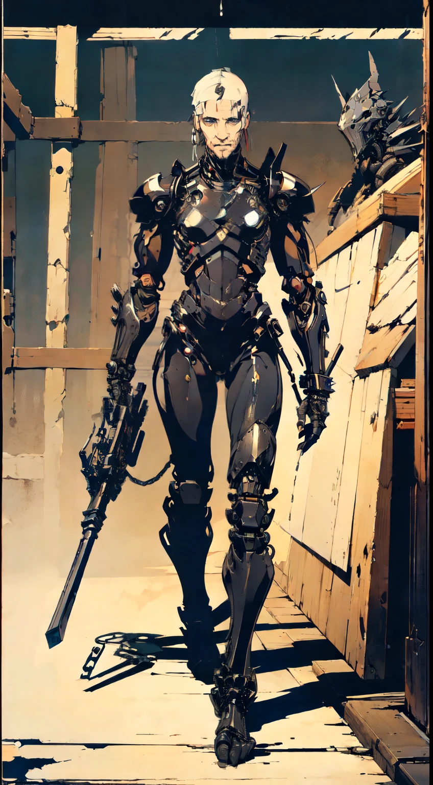 1man, old man, perfect proportions, anatomically correct, (head to toe: 2.0), (full body image: 2.0), solo, extremely stylized, deviant art, masterpiece, highly detailed, detailed eyes, expressive detailed eyes, detailed pupils, futuristic, ((wearing an armored helmet)), ((holding a spiked flail)), (cybernetic arms:1.4), big boots, entire body image, full body shot, nvinkpunk, professional photograph of alexander_skarsgard, tassles, large beads, (large tassels), cyberpunk, inkpunk, paint platter, ink splatter, (action pose:1.0), ((chainmail shirt)), old warrior, long beard, ((armor shoulders))