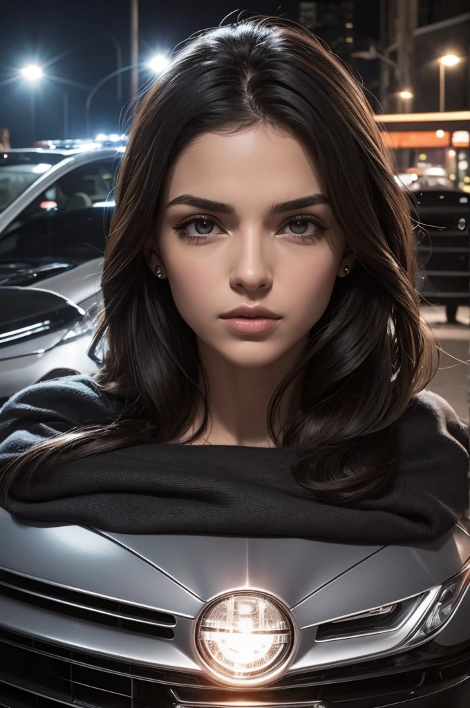fazer uma capa onde o livro se chama reticencias, and the cover is made up of three car headlights and a woman in the middle