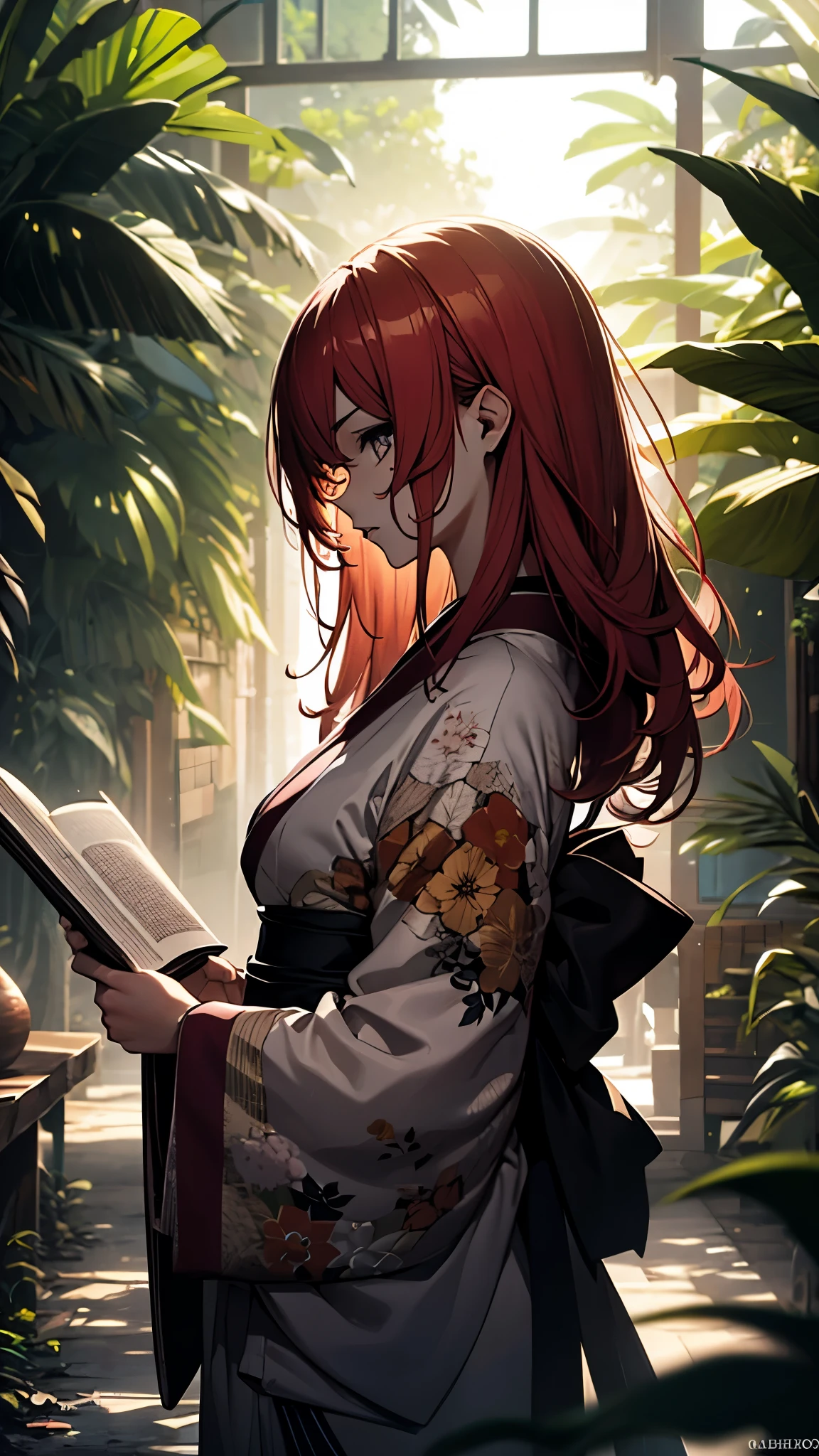 (1girl:1.3), Masterpiece, Best quality, amazing beauty, [[3D]], 4K, absurdres, finely detail, super detailed eye, perfect anatomy, official art, cinematic lighting, BREAK, forest/jungle, silky long hair, red hair, super shiny detailed black eye, big eyes, cute eyes, thin eyebrow, （retreating figure）, she's hiding her face. close-mouth, thin lips, BREAK , usually, tall, medium, fair skin, detailed skin, Are standing, profile, from front, Sidelighting, BREAK , (kimono:1.2) She's sitting there reading a book.