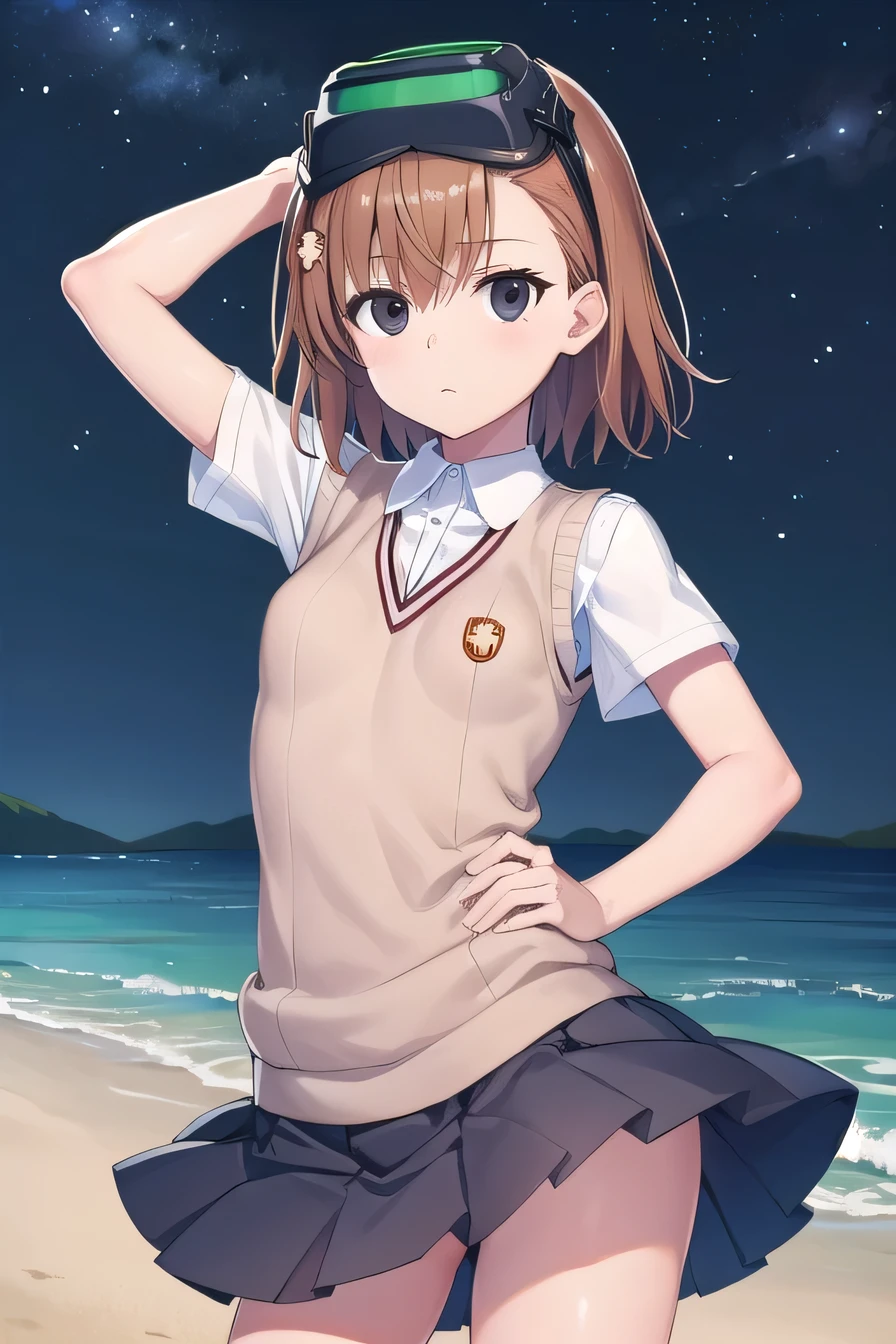 short hair, brown hair, black eyes, empty eyes, goggles, goggles on head, head-mounted display, , sweater vest, shirt, skirt, white shirt, pleated skirt, v-neck, short sleeves, tokiwadai , misaka imouto,  solo, night sky, beach, arms behind head, contrapposto, spread armpits, closed mouth, (cowboy shot:1.5), looking at viewer, shaking hips,