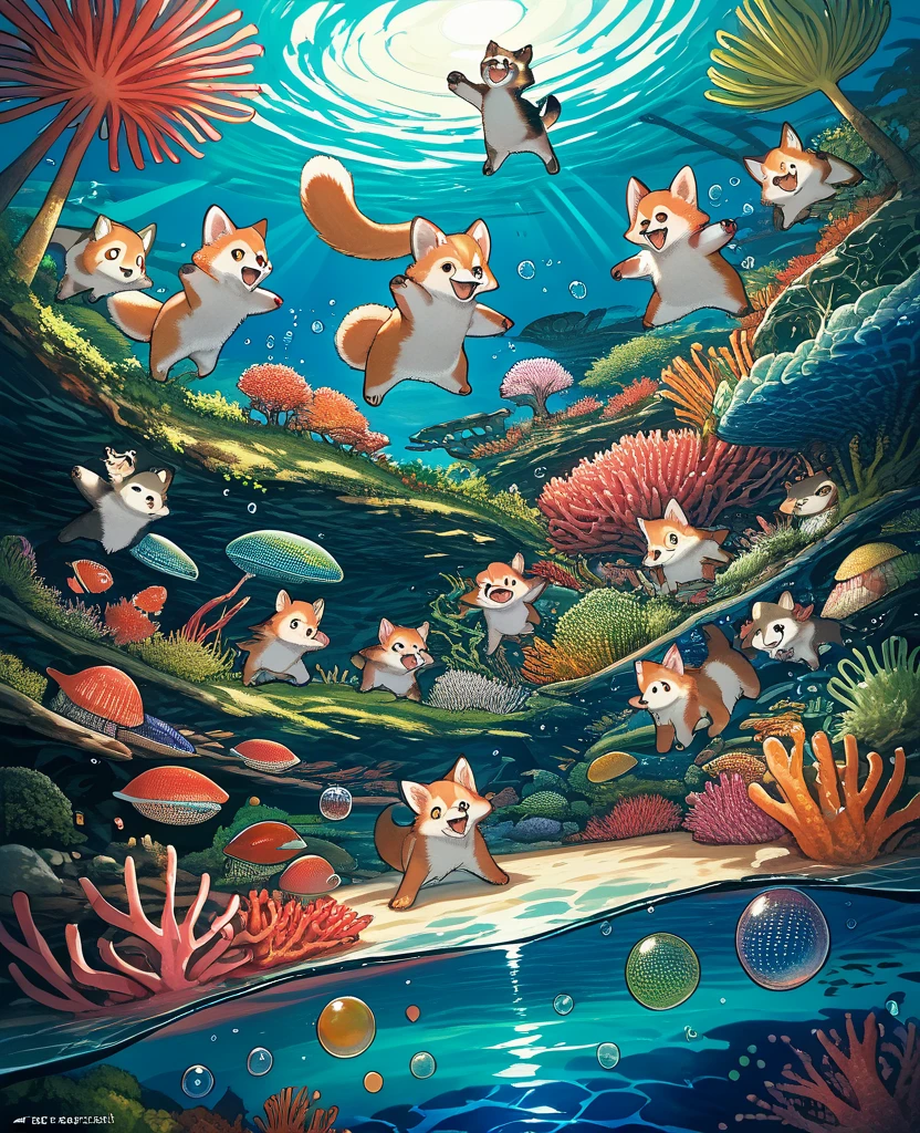 cover_page, High resolution, highest quality, highest quality, Paid reward available, High-quality illustrations, An unparalleled masterpiece, Perfect artwork, Absurd, 超High resolution, Detailed Background, seabed, Coral Reef, bubble, 6+boy, 6+girl, Happy, Joyful(kemono, Furry Personification),