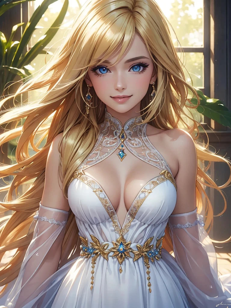 (Best quality,ultra detailed,Photorealistic:1.37),bright and rich colors,studio lighting,Playful expression,stylish makeup,Long blonde hair fluttering in the wind,inviting eyes,Glossy lips,y pose, Germany, there is, I smile confidently and seductively,posing for a professional photo shoot,Shallow depth of field,highlighting the main subject,Soft natural light,Creating a dreamy and magical atmosphere.