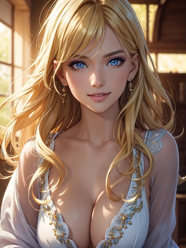 (Best quality,ultra detailed,Photorealistic:1.37),bright and rich colors,studio lighting,Playful expression,stylish makeup,Long blonde hair fluttering in the wind,inviting eyes,Glossy lips,sexy pose, Germany, there is, I smile confidently and seductively,posing for a professional photo shoot,Shallow depth of field,highlighting the main subject,Soft natural light,Creating a dreamy and magical atmosphere.
