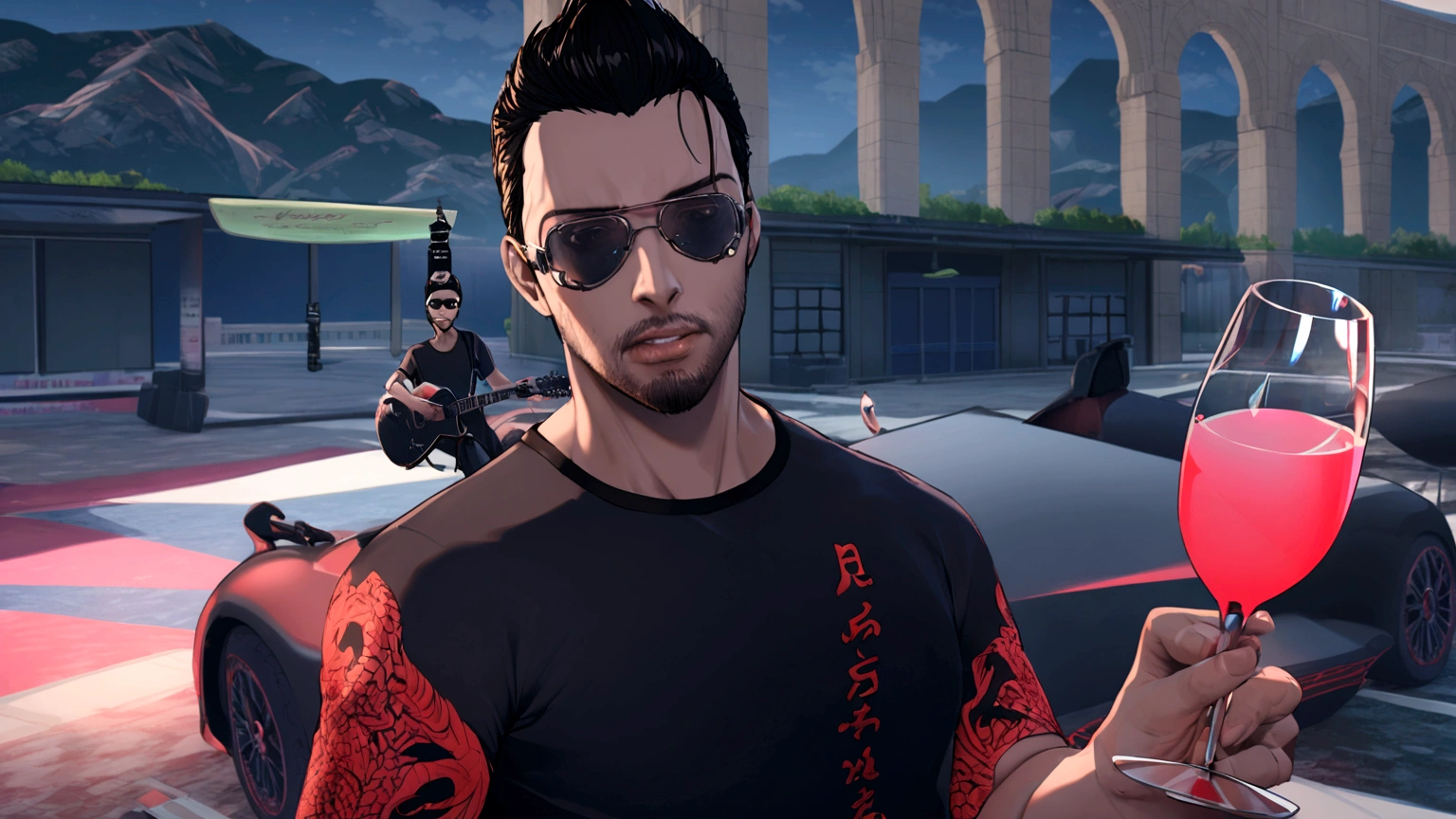 a black-haired anime man wearing aviator glasses,extremely detailed portrait,cinematic lighting,dramatic dynamic pose,8k resolution,stunning masterpiece,black background,red wine glass,black electric guitar