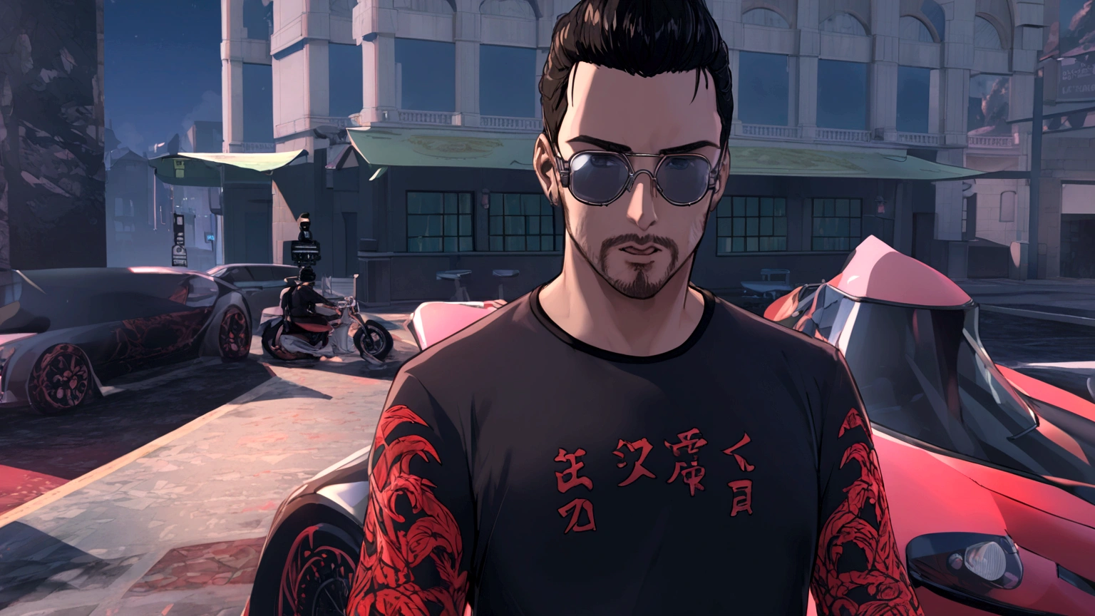 a black-haired anime man wearing aviator glasses,extremely detailed portrait,cinematic lighting,dramatic dynamic pose,8k resolution,stunning masterpiece,black background,red wine glass,black electric guitar