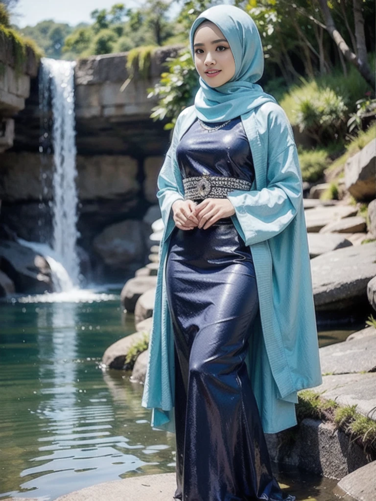 Draw a picture of a beautiful Indonesian supermodel wearing a hijab and dress with a graceful face and a sweet smile and hour-glass body, standing in front of a waterfall. Make sure her face looks realistic with fine details, and choose bright, attractive colors for her hijab. Add a touch of Indonesian culture by choosing a hijab motif inspired by batik or traditional weaving. Don't forget to show off your beautiful eyes and warm smile. Also add elements such as trees and bright blue skies to give a beautiful natural feel