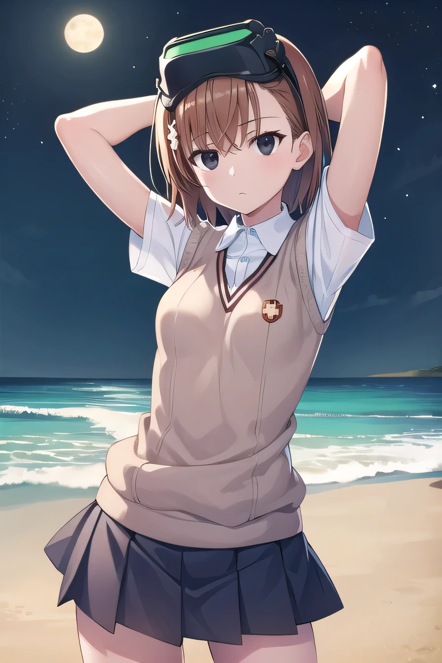 short hair, brown hair, black eyes, empty eyes, goggles, goggles on head, head-mounted display, , sweater vest, shirt, skirt, white shirt, pleated skirt, v-neck, short sleeves, tokiwadai , misaka imouto,  solo, night sky, beach, arms behind head, contrapposto, spread armpits, closed mouth, (cowboy shot:1.5), looking at viewer, shaking hips,