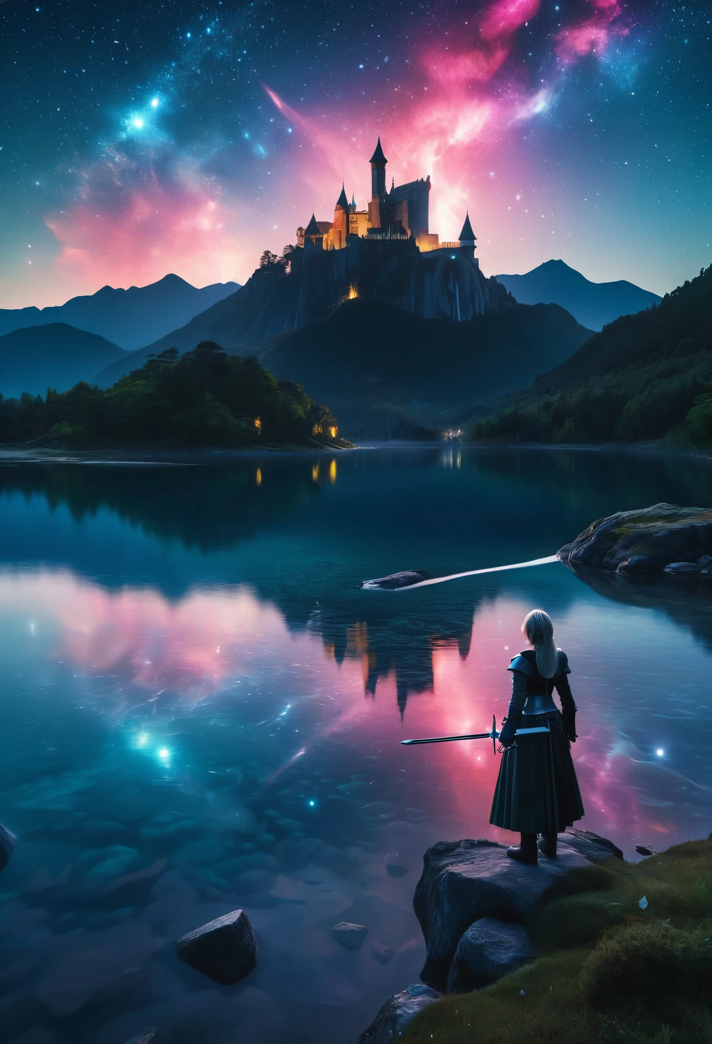 (8k, highest quality, masterpiece, final fantasy style: 1.2), (unrealistic, photorealistic: 1.37), (one mage lady standing on lake side, huge bouncing bust, Cover your whole body in light, with sword with fire, Her sword shines into the heavens:1.1), Dreamy landscape, Fantasy, Unsurreal landscapes, Super detailed, Flying medieval castle, Floating Island in the Sky, Seven-colored swirl of light, (流星のMr.に空を舞う光り輝く尾の長い小鳥:1.3), Aurora, Intense lightning, milky way, Complex Light, Mr.々Colored light, Large Lake, Starry sky reflected on the lake surface, Countless shining stars, Meteors, Many meteors, Aura of, (A pillar of light emanated from the ground:1,2), 複雑な文Mr.の魔法陣,