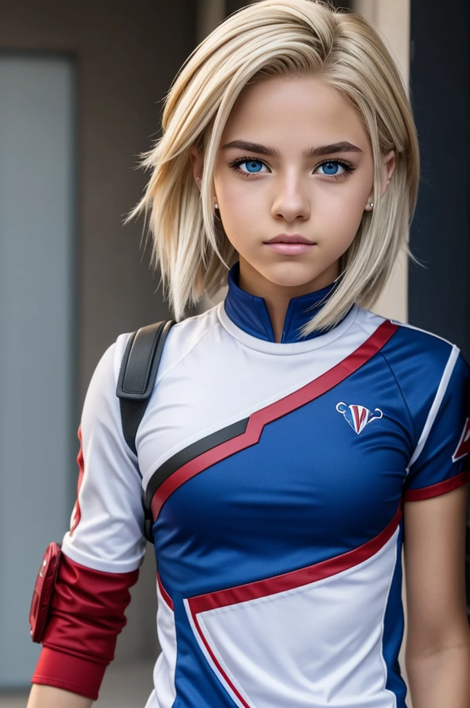 create a 16 year old bnha character with ash blonde hair, ojos azules, una cicatriz grande en el ojo izquierdo, un pendiente de rayo, pelo desordenado, cuerpo delgado y personalidad amable