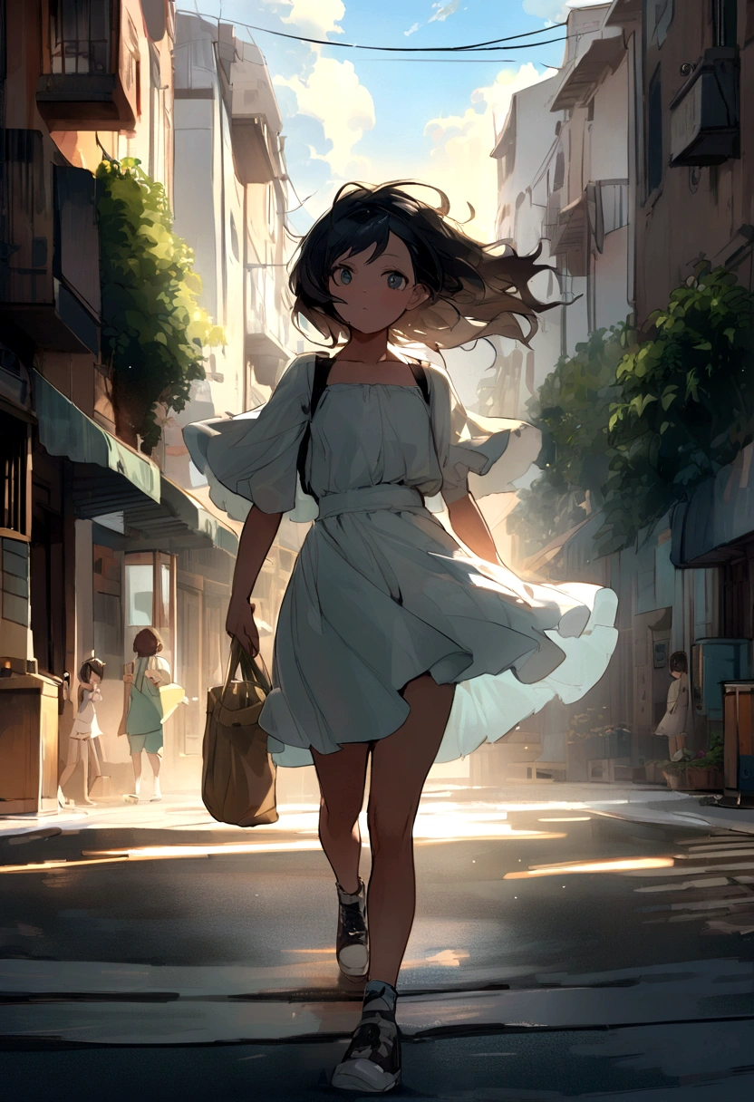 Cute black haired girl、Walking energetically through the city、boyish、Summer sky、Hair blowing in the wind、beautiful、