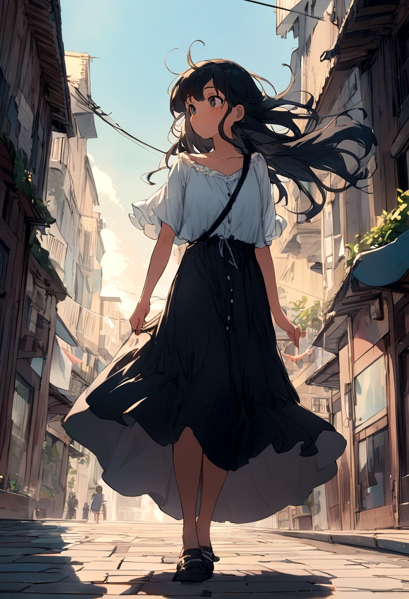 Cute black haired girl、Walking energetically through the city、boyish、Summer sky、Hair blowing in the wind、beautiful、