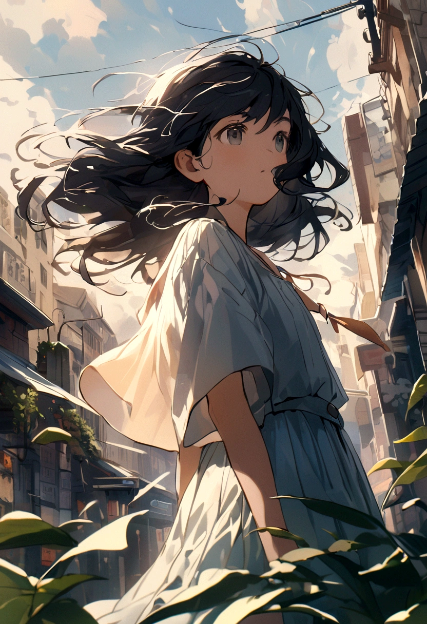 Cute black haired girl、Walking energetically through the city、boyish、Summer sky、Hair blowing in the wind、beautiful、
