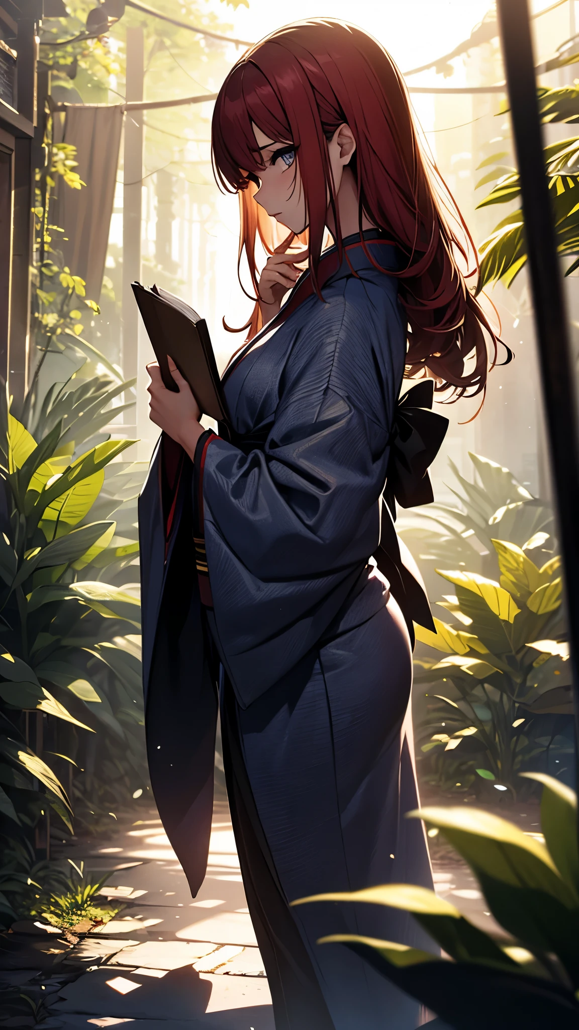 (1girl:1.3), Masterpiece, Best quality, amazing beauty, [[3D]], 4K, absurdres, finely detail, super detailed eye, perfect anatomy, official art, cinematic lighting, BREAK, forest/jungle, silky long hair, red hair, super shiny detailed black eye, big eyes, cute eyes, thin eyebrow, （retreating figure）, she's hiding her face. close-mouth, thin lips, BREAK , usually, tall, medium, fair skin, detailed skin, Are standing, profile, from front, Sidelighting, BREAK , (kimono:1.2) She's sitting there reading a book.