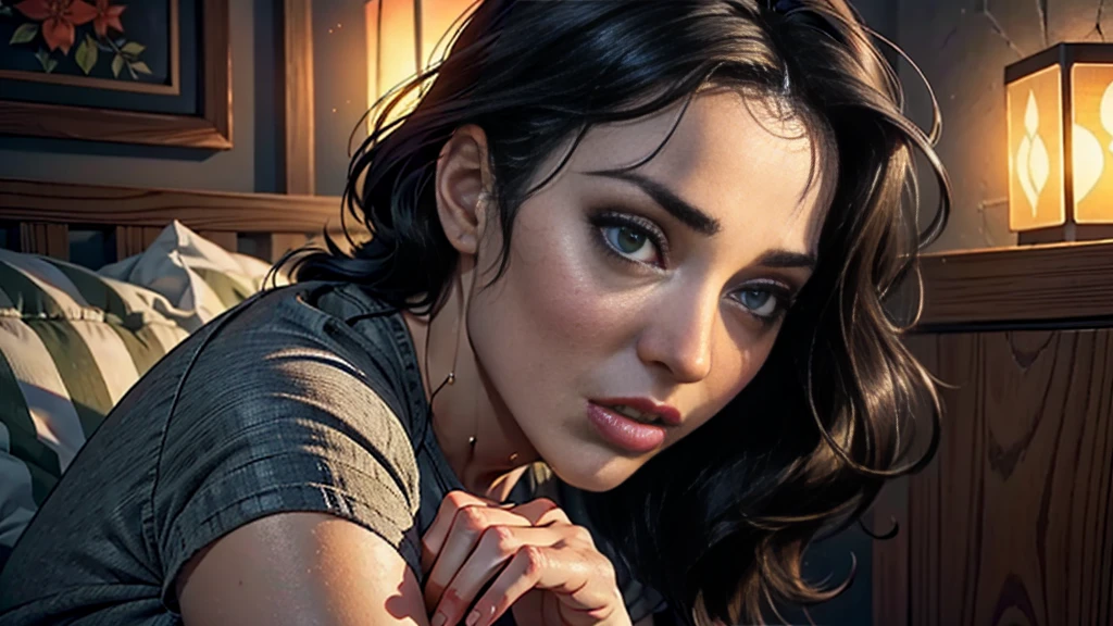 (Best quality, realistic, 1 girl), 40 years old, detailed eyes, detailed lips, black hair, short. t-shirt, cozy ambience, soft lighting, tranquil ambiance