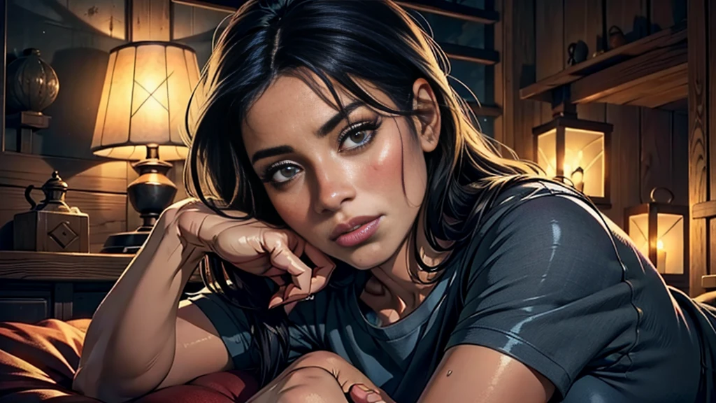 (Best quality, realistic, 1 girl), 40 years old, detailed eyes, detailed lips, black hair, short. t-shirt, cozy ambience, soft lighting, tranquil ambiance