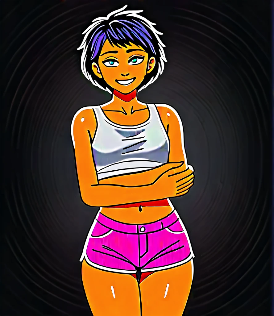 girl( flat chest tall tanned wearing a crop top and shorts with elbow length curly Orange hair hugging a woman,girly young face), woman(short mature woman with casual clothes curvy with Big breasts, smiling,black hair,glases,pale skin), Masterpiece, hi res, absurdres, Best Quality, 4K, 8K,HD,detailed